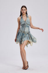 Chava Halter Yaka Baskılı Saçaklı Mini Elbise